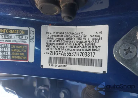 2007 Honda Civic Si z USA, uszkodzony, nr VIN 2HGFA55537H703317